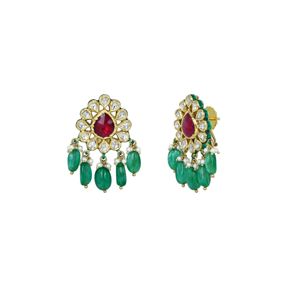 Red Gemstone Earrings with Polkis and Emerald Drops